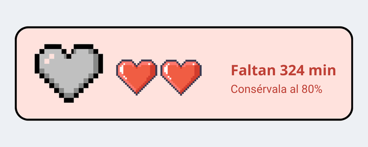 Tres corazones, uno ya perdido, con el aviso de que faltan 324 minutos para conservar la vida al 80%